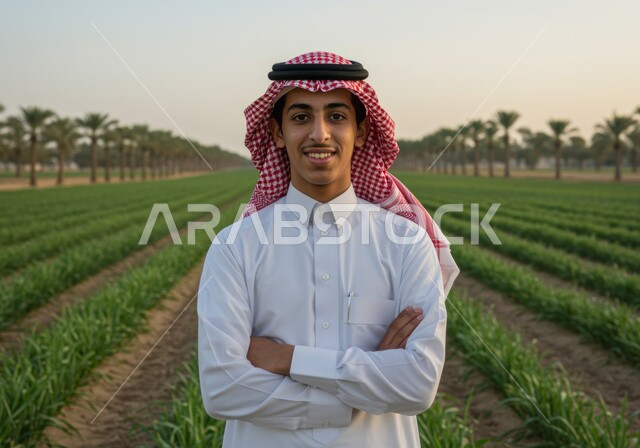  النظر الى الكاميرا بتعابير السرور والسعادة، حقل زراعي اخضر في النهار، مفهوم الاكتفاء الذاتي، صورة مقربة لرجل عربي خليجي سعودي مبتسم يرتدي الشماغ والثوب التقليدي يقف بأيدي متقاطعة بايماءات الثقة بالنفس والرجولة، خلفية الطبيعة