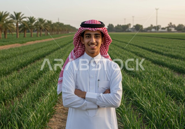 Green agricultural field during the day, looking at the camera with an expression of pleasure and happiness, the concept of self-sufficiency, a close-up of a smiling Saudi Arabian Gulf man wearing a traditional shemagh and thobe standing with his hands crossed in gestures of self-confidence and masculinity, a nature background