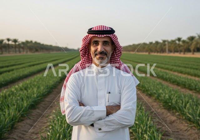  النظر الى الكاميرا بتعابير السرور والسعادة، حقل زراعي اخضر في النهار، مفهوم الاكتفاء الذاتي، صورة مقربة لرجل عربي خليجي سعودي مبتسم يرتدي الشماغ والثوب التقليدي يقف بأيدي متقاطعة بايماءات الثقة بالنفس والرجولة، خلفية الطبيعة