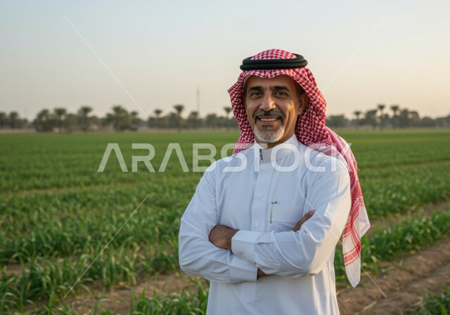 مفهوم الاكتفاء الذاتي، صورة مقربة لرجل عربي خليجي سعودي مبتسم يرتدي الشماغ والثوب التقليدي يقف بأيدي متقاطعة بايماءات الثقة بالنفس والرجولة، النظر الى الكاميرا بتعابير السرور والسعادة، حقل زراعي اخضر في النهار، خلفية الطبيعة