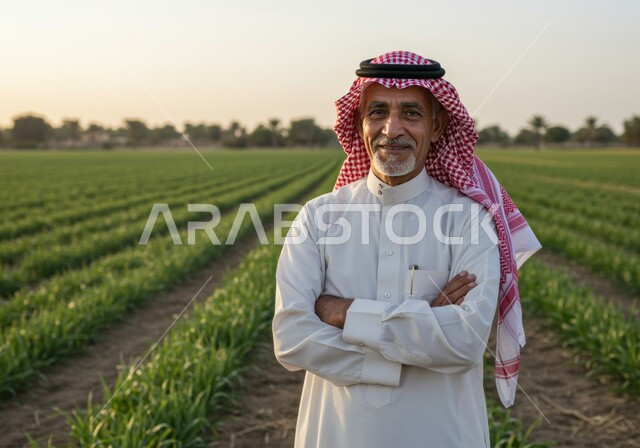  حقل زراعي اخضر في النهار، النظر الى الكاميرا بتعابير السرور والسعادة، مفهوم الاكتفاء الذاتي، صورة مقربة لرجل عربي خليجي سعودي مبتسم يرتدي الشماغ والثوب التقليدي يقف بأيدي متقاطعة بايماءات الثقة بالنفس والرجولة، خلفية الطبيعة
