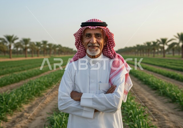  النظر الى الكاميرا بتعابير السرور والسعادة، حقل زراعي اخضر في النهار، مفهوم الاكتفاء الذاتي، صورة مقربة لرجل عربي خليجي سعودي مبتسم يرتدي الشماغ والثوب التقليدي يقف بأيدي متقاطعة بايماءات الثقة بالنفس والرجولة، خلفية الطبيعة
