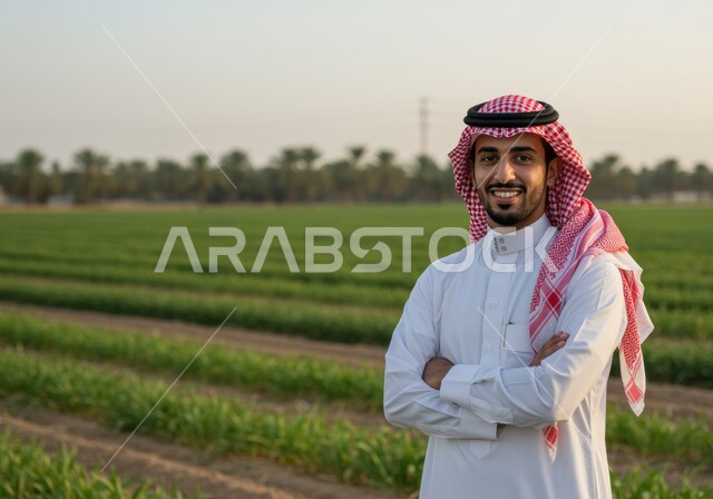 مفهوم الاكتفاء الذاتي، صورة مقربة لرجل عربي خليجي سعودي مبتسم يرتدي الشماغ والثوب التقليدي يقف بأيدي متقاطعة بايماءات الثقة بالنفس والرجولة، النظر الى الكاميرا بتعابير السرور والسعادة، حقل زراعي اخضر في النهار، خلفية الطبيعة