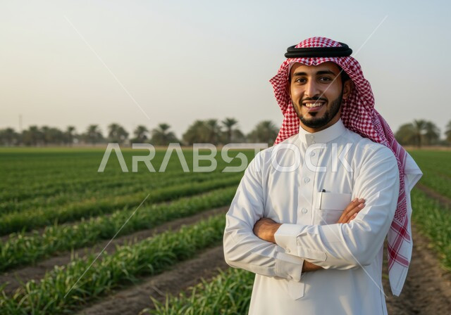  حقل زراعي اخضر في النهار، النظر الى الكاميرا بتعابير السرور والسعادة، مفهوم الاكتفاء الذاتي، صورة مقربة لرجل عربي خليجي سعودي مبتسم يرتدي الشماغ والثوب التقليدي يقف بأيدي متقاطعة بايماءات الثقة بالنفس والرجولة، خلفية الطبيعة