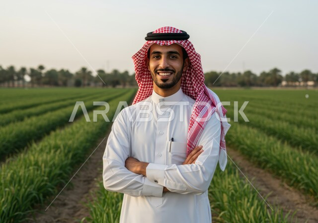  النظر الى الكاميرا بتعابير السرور والسعادة، حقل زراعي اخضر في النهار، مفهوم الاكتفاء الذاتي، صورة مقربة لرجل عربي خليجي سعودي مبتسم يرتدي الشماغ والثوب التقليدي يقف بأيدي متقاطعة بايماءات الثقة بالنفس والرجولة، خلفية الطبيعة