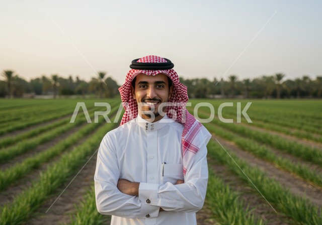 مفهوم الاكتفاء الذاتي، صورة مقربة لرجل عربي خليجي سعودي مبتسم يرتدي الشماغ والثوب التقليدي يقف بأيدي متقاطعة بايماءات الثقة بالنفس والرجولة، النظر الى الكاميرا بتعابير السرور والسعادة، حقل زراعي اخضر في النهار، خلفية الطبيعة