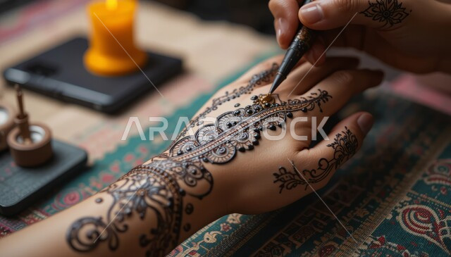  زخارف وفنون يدويه من مواد طبيعيه، التجمل والتزيين والاهتمام بالمظهر الخارجي، عادات وتقاليد في المناسبات والأفراح السعيدة، صورة مقربة ليد إمرأة عربية خليجية سعودية تقوم بالرسم والنقش على يد فتاة باستخدام الحناء الحمراء، مهنة تقليدية شعبية نسائية