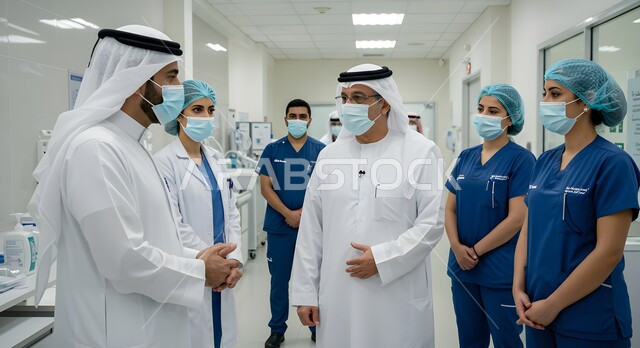 جودة الخدمات الطبية في مستشفيات المملكة العربية السعودية، اتباع الاجراءات الوقائية وارتداء الكمامة، وفد إداري يقوم بجولة تفقدية في المستشفى مع الطاقم الطبي، متابعة اجراء سير العملية المهنية في القطاع الطبي بالشكل الصحيح