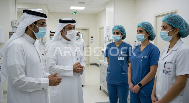  وفد إداري يقوم بجولة تفقدية في المستشفى مع الطاقم الطبي، متابعة اجراء سير العملية المهنية في القطاع الطبي بالشكل الصحيح، جودة الخدمات الطبية في مستشفيات المملكة العربية السعودية، اتباع الاجراءات الوقائية وارتداء الكمامة