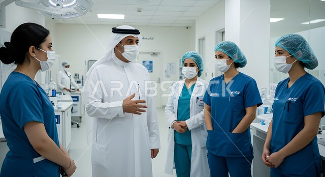 Monitoring the proper conduct of the professional process in the medical sector, the quality of medical services in hospitals in the Kingdom of Saudi Arabia, adherence to preventive measures and wearing masks, and an administrative delegation conducting an inspection tour of the hospital with the medical staff.