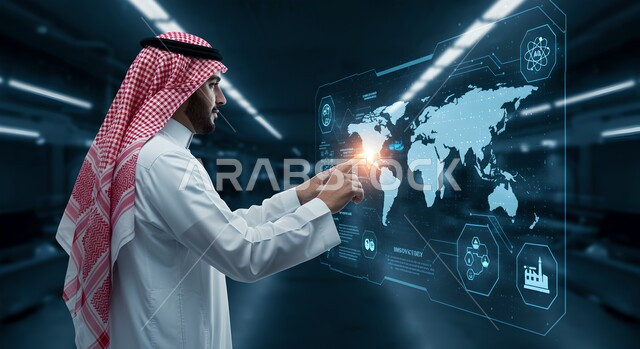رؤية مستقبلية سعودية 2030، صورة من الجانب لرجل عربي خليجي سعودي يرتدي الثوب التقليدي والشماغ يقوم بالنقر والتفاعل مع شاشة هولوجرامية تعرض خريطة العالم، العلوم والابتكار وتكنولوجيا الذكاء الاصطناعي، النمو والتطور التكنولوجي وتحقيق الثورة الصناعية