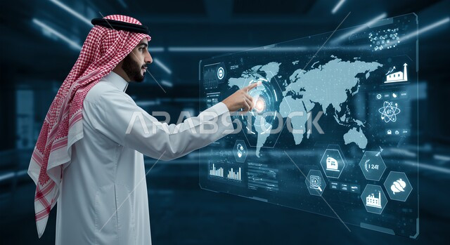  النمو والتطور التكنولوجي وتحقيق الثورة الصناعية، رؤية مستقبلية سعودية 2030، صورة من الجانب لرجل عربي خليجي سعودي يرتدي الثوب التقليدي والشماغ يقوم بالنقر والتفاعل مع شاشة هولوجرامية تعرض خريطة العالم، العلوم والابتكار وتكنولوجيا الذكاء الاصطناعي