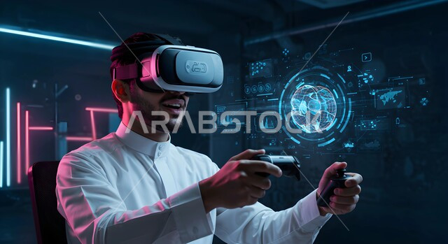 دمج المتعة والتسلية مع العالم الافتراضي، صورة مقربة لشاب عربي خليجي سعودي يرتدي الثوب التقليدي ونظارة الفي آر يمسك بيده عصا التحكم يقوم باللعب في ألعاب الفيديو الترفيهية، قضاء وقت فراغ ممتع، جهاز تكنولوجي وتقنية حديثة، خلفية ايقونات هولوجرامية