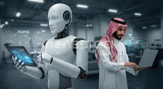 الابتكار والعلوم وتكنولوجيا الذكاء الاصطناعي، سايبورغ آلي متطور، رؤية مستقبلية سعودية 2030، التطور والتقدم التكنولوجي، تحقيق الثورة الصناعية، صورة مقربة لروبوت ذكي بجانب رجل عربي خليجي سعودي يرتدي الشماغ والثوب التقليدي يعمل على الحاسوب المحمول