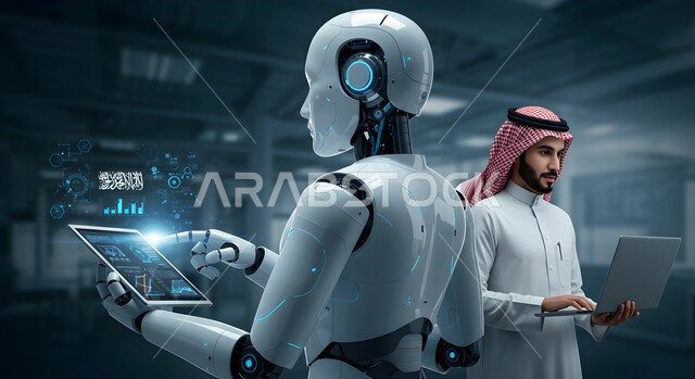 رؤية مستقبلية سعودية 2030، التطور والتقدم التكنولوجي، تحقيق الثورة الصناعية، صورة مقربة لروبوت ذكي بجانب رجل عربي خليجي سعودي يرتدي الشماغ والثوب التقليدي يعمل على الحاسوب المحمول، الابتكار والعلوم وتكنولوجيا الذكاء الاصطناعي، سايبورغ آلي متطور
