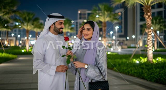 تبادل نظرات الحب والمودة بين الزوجين، رجل عربي خليجي سعودي يرتدي الثوب التقليدي والغترة يقوم بتقديم وردة حمراء إلى زوجته بإيماءات السعادة والحنان، مفهوم التقدير والإهداء، تعزيز مشاعر المحبة والألفة في العلاقة الزوجية، تقوية الروابط الأسرية 