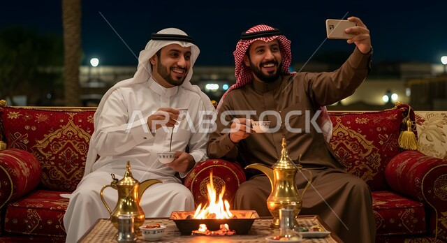 مفهوم حسن الضيافه والاستقبال، رجل عربي خليجي سعودي يقوم بالتقاط صور السيلفي التذكارية مع صديقه باستخدام الهاتف الجوال، صديقان عربيان خليجيان سعوديان في جلسة بر وتخييم خارجية في الأجواء الشتوية، كشتة شعبية شبابية، توثيق اللحظات السعيدة
