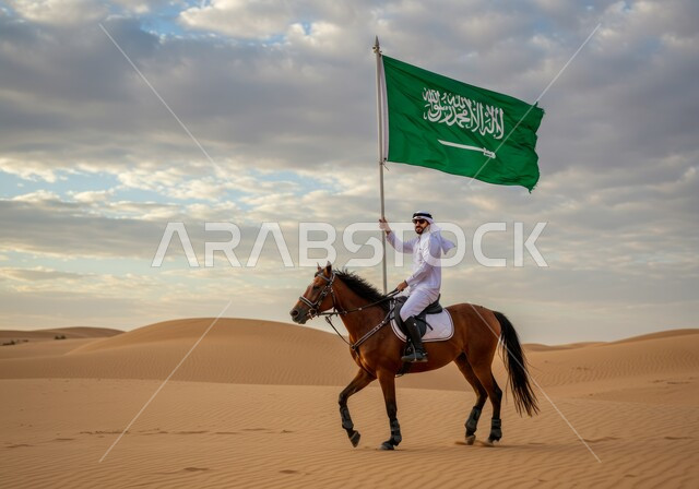 شغف الفروسية وممارسة هواية ركوب الخيل في الصحراء، فارس عربي خليجي سعودي يمتطي الفرس العربي الأصيل ويرفع علم السعودية، اليوم الوطني السعودي 23 سبتمبر، يوم العلم 11 مارس، إظهار مشاعر الاعتزاز بالوطن، نشر حب الخيل بين ابناء الوطن