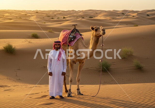 وسيلة التنقل في المناطق البرية، تربية ورعاية الابل في المحمية الطبيعية، رجل عربي خليجي سعودي يرتدي الشماغ والثوب التقليدي يقف بجانب ناقته في النهار، الكثبان الرملية في صحراء المملكة العربية السعودية، خلفية الطبيعة