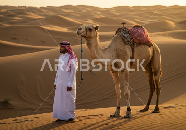 الكثبان الرملية في صحراء المملكة العربية السعودية، تربية ورعاية الابل في المحمية الطبيعية، رجل عربي خليجي سعودي يرتدي الشماغ والثوب التقليدي يقف بجانب ناقته في النهار، وسيلة التنقل في المناطق البرية، خلفية الطبيعة