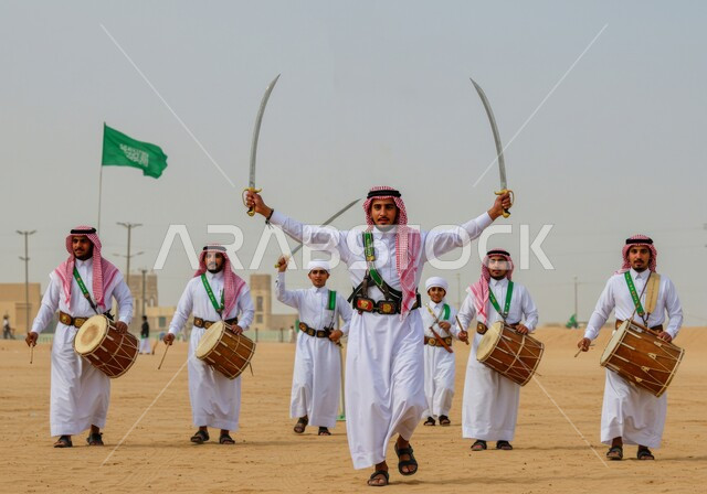  عرض الفلكلور التراثي في وسط صحراء المملكة العربية السعودية، مفهوم حب الوطن والانتماء إليه، فرقة للاحتفال بالعيد الوطني بالرقص بالسيوف وقرع الطبول، يوم بدينا 22 فبراير، ارتداء زي العرضة النجدية الشعبية في مناسبة وطنية، ذكرى تأسيس الدوله السعوديه الأولى 1727 م