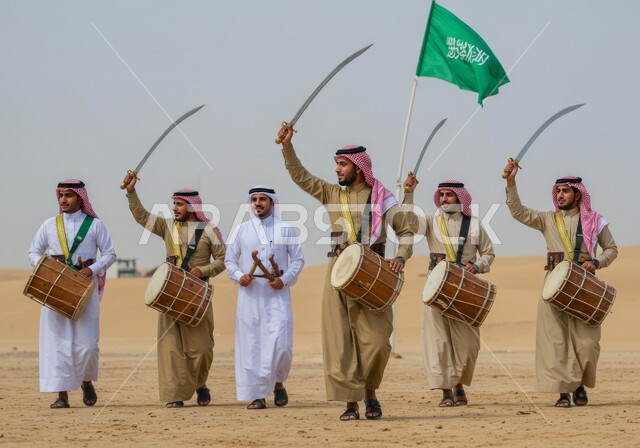فرقة للاحتفال بالعيد الوطني بالرقص بالسيوف وقرع الطبول، يوم بدينا 22 فبراير، ارتداء زي العرضة النجدية الشعبية في مناسبة وطنية، ذكرى تأسيس الدوله السعوديه الأولى 1727 م، عرض الفلكلور التراثي في وسط صحراء المملكة العربية السعودية، مفهوم حب الوطن والانتماء إليه