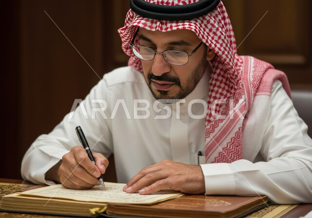 تعليم مهارات الرسم بالخطوط العربية، نقش الكلمات وكتابتها بشكل فني هندسي مميز، احتراف الكتابة بفنون الخط العربي، رجل خطاط عربي خليجي سعودي يرتدي الشماغ والثوب التقليدي يقوم بالتخطيط باستخدام القلم