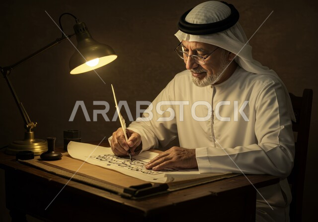Professional writing with the art of Arabic calligraphy, a Saudi Arabian Gulf calligrapher wearing a ghutra and traditional thobe, drawing with a brush, teaching the skills of drawing with Arabic calligraphy, engraving words and writing them in a distinctive geometric artistic way