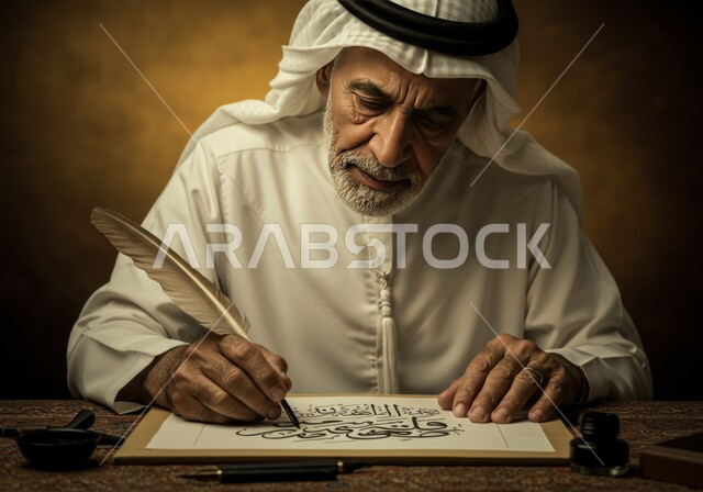 Professional writing with the art of Arabic calligraphy, a Saudi Arabian Gulf calligrapher wearing a ghutra and traditional thobe, drawing with a brush, teaching the skills of drawing with Arabic calligraphy, engraving words and writing them in a distinctive geometric artistic way