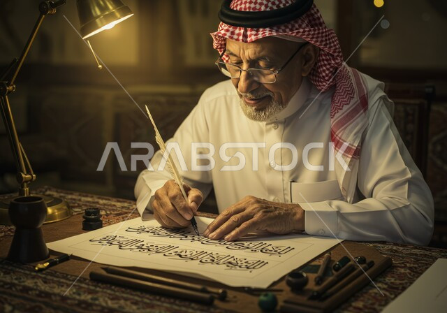  نقش الكلمات وكتابتها بشكل فني هندسي مميز، احتراف الكتابة بفنون الخط العربي، رجل خطاط عربي خليجي سعودي يرتدي الشماغ والثوب التقليدي يقوم بالتخطيط باستخدام الريشة، تعليم مهارات الرسم بالخطوط العربية