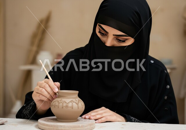  صنع الجرار الفخارية المزخرفة، صورة مقربة لامرأة عربية سعودية خليجية ملثمة ترتدي الحجاب والعباءة السوداء تقوم بصناعة الفخار، حرفة وصناعة يدوية شعبية من التراث السعودي العريق، العمل في صناعة الخزفيات، اواني خزفية مصنوعة من الطين