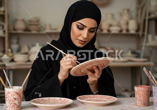 اواني خزفية مصنوعة من الطين، صنع الجرار الفخارية المزخرفة، صورة مقربة لامرأة عربية سعودية خليجية ترتدي الحجاب والعباءة السوداء تقوم بصناعة الفخار، حرفة وصناعة يدوية شعبية من التراث السعودي العريق، العمل في صناعة الخزفيات