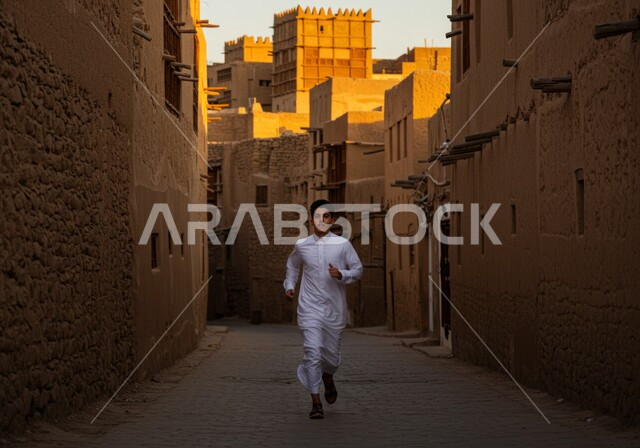 التعرف على الأحياء التراثية في القرى الاثرية في المملكة العربية السعودية، البيوت والمنشآت الطينية على الطراز العربي القديم، شاب عربي خليجي سعودي يرتدي الثوب التقليدي يقوم بالركض في حارة شعبية قديمة