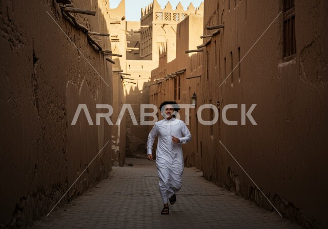 البيوت والمنشآت الطينية على الطراز العربي القديم، شاب عربي خليجي سعودي يرتدي الثوب التقليدي يقوم بالركض في حارة شعبية قديمة، التعرف على الأحياء التراثية في القرى الاثرية في المملكة العربية السعودية