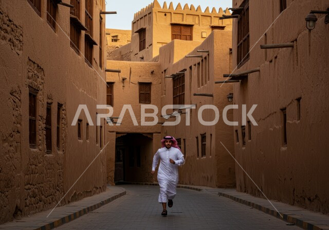 التعرف على الأحياء التراثية في القرى الاثرية في المملكة العربية السعودية، البيوت والمنشآت الطينية على الطراز العربي القديم، شاب عربي خليجي سعودي يرتدي الثوب التقليدي يقوم بالركض في حارة شعبية قديمة