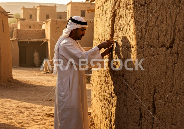 ذكرى تأسيس الدولة السعودية الأولى في 22 فبراير, أحياء وبيوت أثرية قديمة، الفخر والتباهي بالتراث الشعبي السعودي, شاب عربي خليجي سعودي يرتدي الزي التقليدي يقوم بترميم حائط طيني, يوم بدينا 1727 م