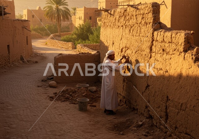 ذكرى تأسيس الدولة السعودية الأولى في 22 فبراير, أحياء وبيوت أثرية قديمة، الفخر والتباهي بالتراث الشعبي السعودي, شاب عربي خليجي سعودي يرتدي الزي التقليدي يقوم بترميم حائط طيني, يوم بدينا 1727 م