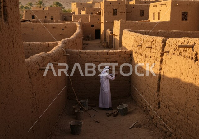 الفخر والتباهي بالتراث الشعبي السعودي, شاب عربي خليجي سعودي يرتدي الزي التقليدي يقوم بترميم حائط طيني, يوم بدينا 1727 م, ذكرى تأسيس الدولة السعودية الأولى في 22 فبراير, أحياء وبيوت أثرية قديمة