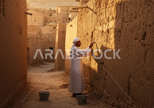 الفخر والتباهي بالتراث الشعبي السعودي, شاب عربي خليجي سعودي يرتدي الزي التقليدي يقوم بترميم حائط طيني, يوم بدينا 1727 م, ذكرى تأسيس الدولة السعودية الأولى في 22 فبراير, أحياء وبيوت أثرية قديمة