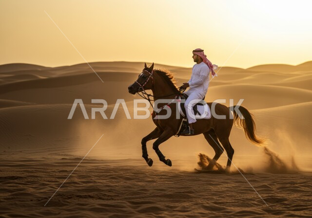 نشاط وفعالية ركوب الحصان في الصحراء، عشق وحب الخيل السعودي الأصيل، اتباع تقاليد الأجداد برعاية وتربية الجياد والاهتمام بها، خيال عربي خليجي سعودي يرتدي الشماغ والزي التقليدي يمتطي فرسه في النهار، التنزه والتجول في الطبيعة الصحراوية على ظهر الحصان