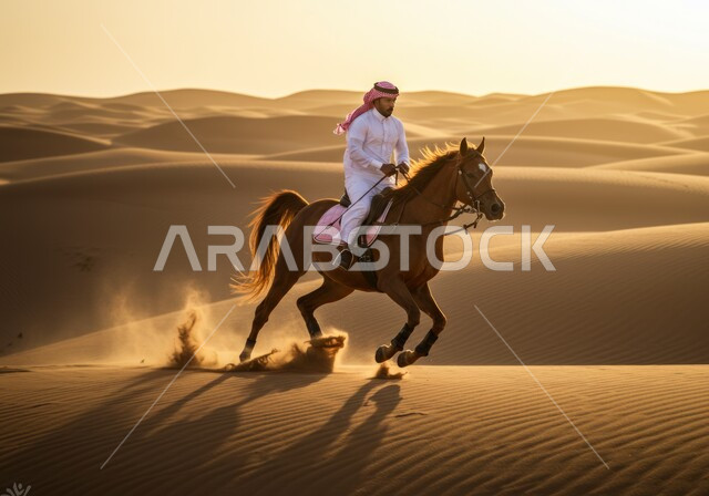 التنزه والتجول في الطبيعة الصحراوية على ظهر الحصان، نشاط وفعالية ركوب الحصان في الصحراء، عشق وحب الخيل السعودي الأصيل، اتباع تقاليد الأجداد برعاية وتربية الجياد والاهتمام بها، خيال عربي خليجي سعودي يرتدي الشماغ والزي التقليدي يمتطي فرسه في النهار.