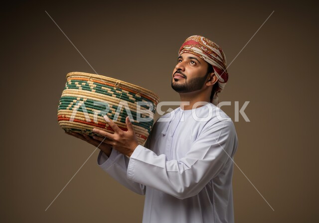  الأصالة والتراث العماني، استخدام سعائف الخوص في الصناعة اليدوية, بورتريه مقرب لرجل عربي خليجي عماني مبتسم يرتدي الدشداشة والعمامة يحمل بيده سلة من القش ينظر الى الاعلى بتعابير السرور، السلل والمعدات المصنوعة من المواد التقليدية في سلطنة عمان, خلفية بيج
