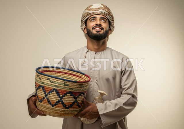 السلل والمعدات المصنوعة من المواد التقليدية في سلطنة عمان, استخدام سعائف الخوص في الصناعة اليدوية, الأصالة والتراث العماني، بورتريه مقرب لرجل عربي خليجي عماني مبتسم يرتدي الدشداشة والعمامة يحمل بيده سلة من القش ينظر الى الاعلى بتعابير السرور، خلفية بيج