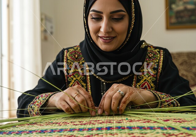 استخدام أوراق النخيل المجففة في صناعة السلل, مهنة شعبية تقليدية, صورة مقربة ليد إمرأة عربية خليجية سعودية ترتدي العباءة المطرزة تقوم بجدل سعائف الخوص, التراث والأصالة في المملكة, حرف يدوية تاريخية, أعمال وصناعات قديمة, منتج محلي وطني