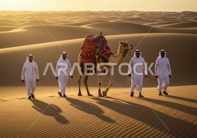 الكثبان الرملية في صحراء المملكة العربية السعودية، تربية ورعاية الابل في المحمية الطبيعية، مجموعة رجال عرب خليجيون سعوديون يرتدون الغترة والثوب التقليدي يمشون بجانب الجمل في النهار، وسيلة التنقل في المناطق البرية، خلفية الطبيعة