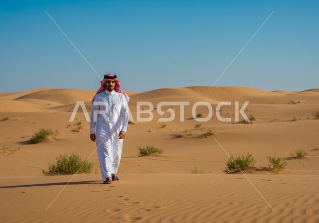الاستمتاع بالمناظر الطبيعية في الصحاري في النهار، رجل عربي خليجي سعودي يرتدي الشماغ والثوب التقليدي يقوم بالتجول في المناطق الصحراوية، التلال والكثبان الرملية في الصحراء، رحلة ونشاط ترفيهي على المال الذهبية الناعمة، خلفية الطبيعة