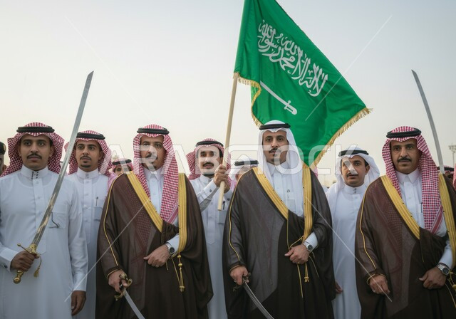 يوم العلم  11 مارس، مجموعة رجال عرب خليجيون سعوديورفع السيوف وعلم المملكة العربية السعودية بالاحتفالات الوطنية، اليوم الوطني السعودي 23 سبتمبر، ن يرتدون الزي التقليدي يقفون باستقامة ايماءات الفخر والاعتزاز بالوطن