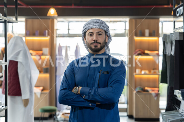 التجول داخل أحد المولات التجارية الفاخرة ، رجل عربى خليجي اماراتي يرتدي الكندورة الزرقاء يقف مبتسم داخل محل ملابس , التبضع وأخذ الحاجات اللازمة، شراء واقتناء المستلزمات من المولات، عرض الأزياء والموديلات الحديثة
