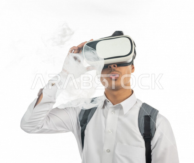 Portrait of a Saudi Arabian Gulf university student wearing 3D virtual reality glasses, linking virtual reality to education and training, smoking simulation, smoke and fire simulation, realistic movies, white background