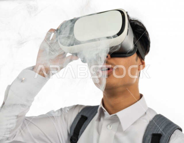 Portrait of a Saudi Arabian Gulf university student wearing 3D virtual reality glasses, linking virtual reality to education and training, smoking simulation, smoke and fire simulation, realistic movies, white background